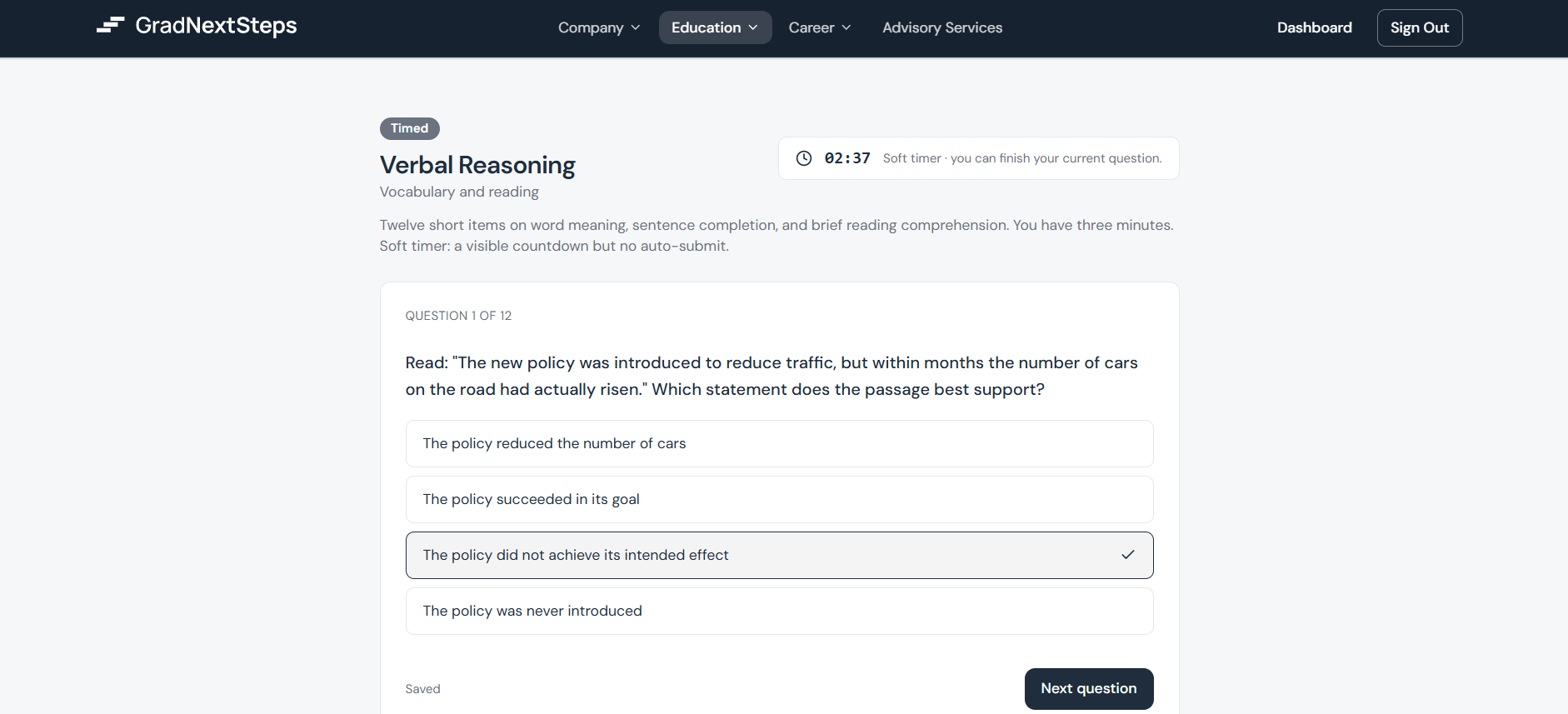 Aptitude Compass verbal reasoning section with a timed question and answer options
