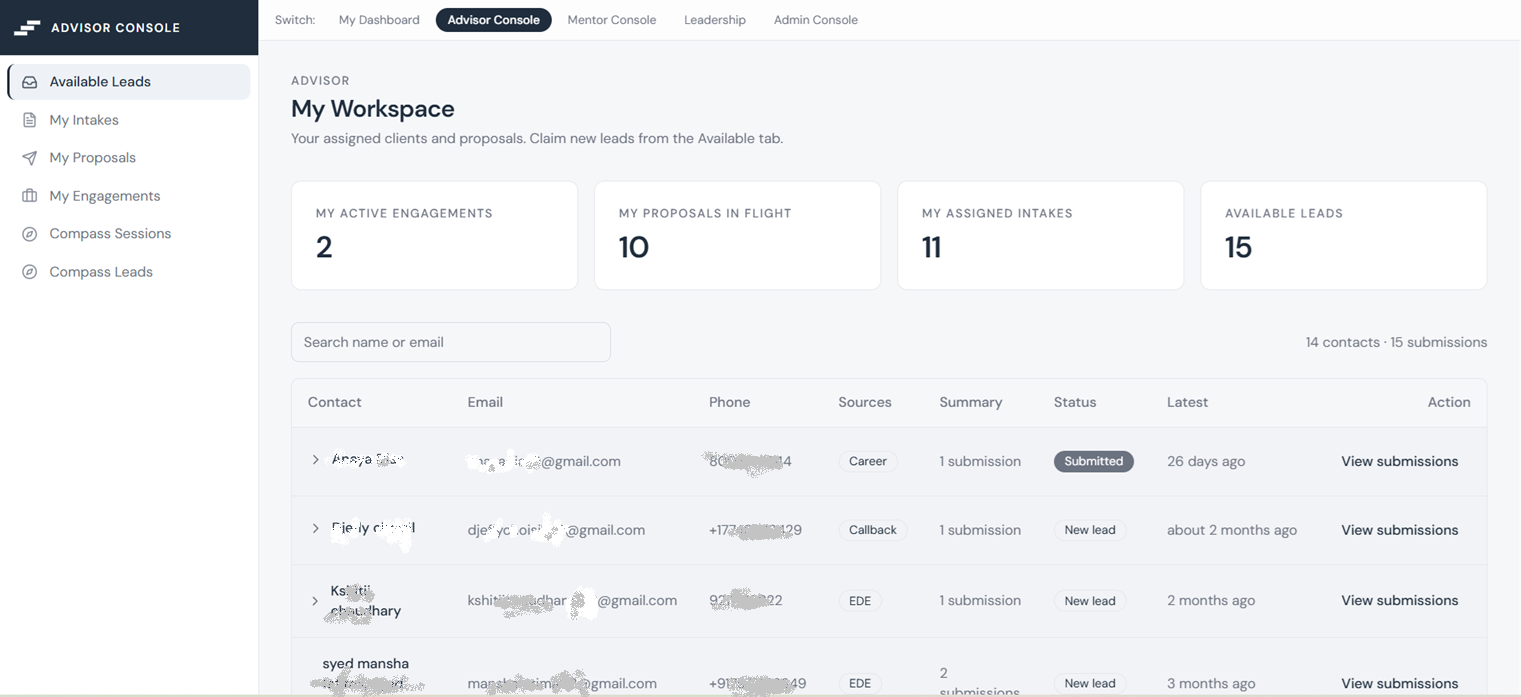 Advisor workspace with engagements, proposals, assigned intakes and available leads above a leads table