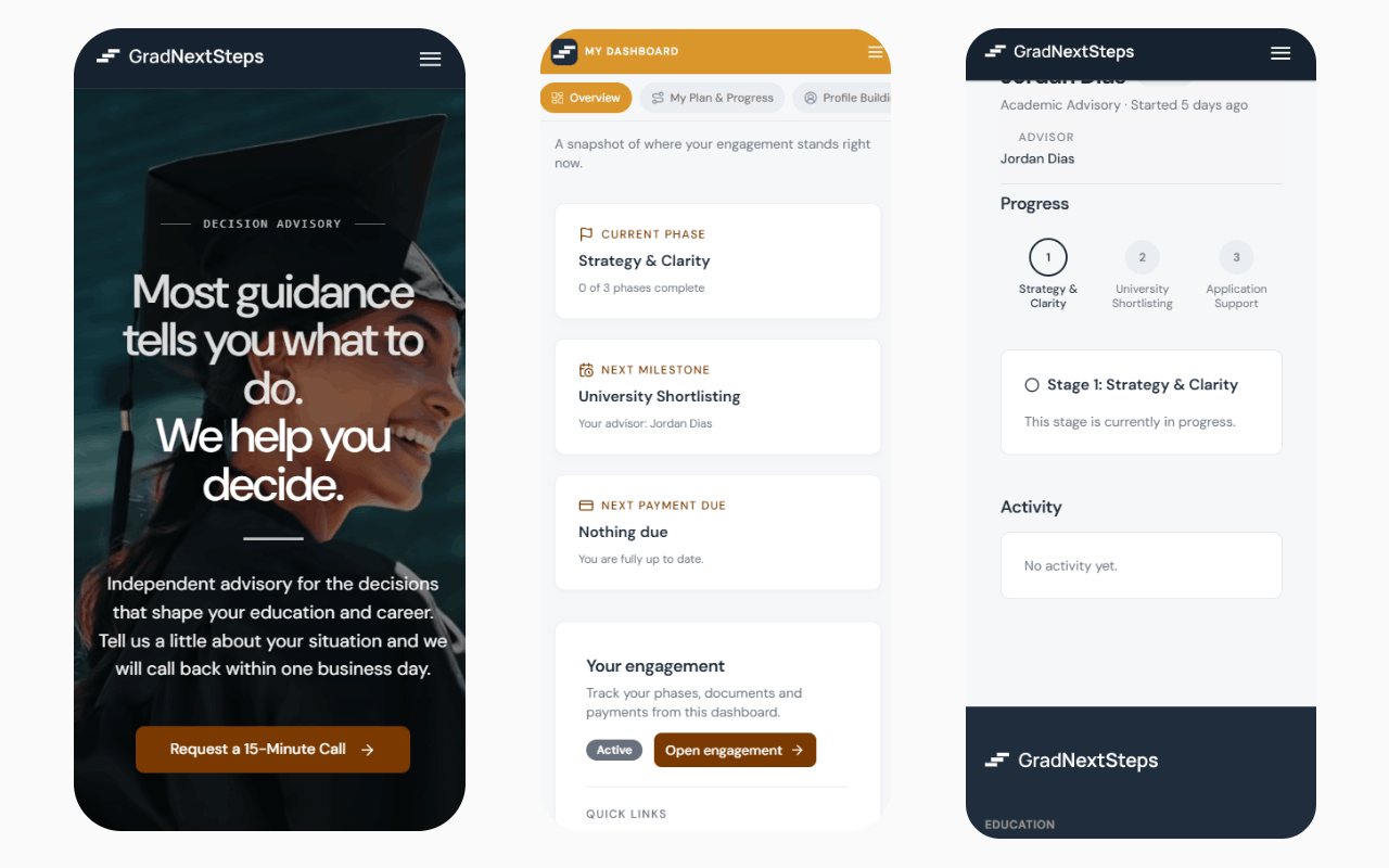 Client dashboard on mobile: engagement overview with current phase, next milestone and next payment due, plus progress stages and activity
